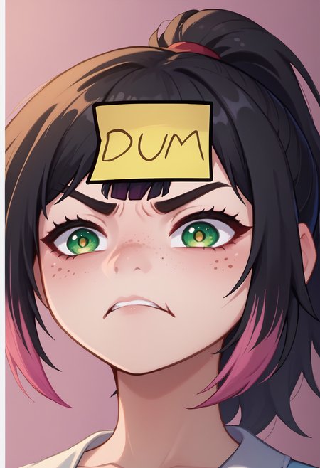 score_9, score_8_up, score_7_up BREAK 1girl, <lora:DumStickyNote_XLPD:1.1> dumstickyNote, sticker, upper body, black hair, pink dyed hair, ponytail, green eyes, freckles, <lora:disgusted_face_xl_goofy:0.8> disgusted face