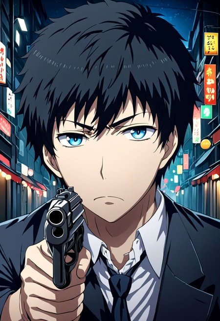 high resolution, solo, best quality, 1Boy, Arata Kaizaki, Black Hair, Blue Eyes, portraits, midnight, dim street lights, mysterious, threatening, gun, aiming the gun to the viewer, OverallDetail