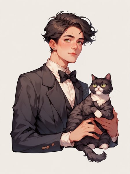 score_9, score_8_up, score_7_up, score_6_up, score_5_up,   <lora:c4tsXLP:0.9> c4ts, tuxedo cat,  <lora:p3tl0v3XLP:1> p3tl0v3, 1boy, cat,