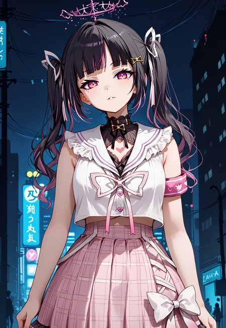 1girl, solo, solo focus, highres, absurdres, Rie1st, long hair, bangs, twintails, black hair, ribbon, hair ornament, multicolored hair, hair ribbon, pink hair, pink eyes, streaked hair, two-tone hair, hairclip, halo, blunt bangs,

plaid skirt, frills, sailor collar, pink skirt, white shirt, bow, heart, armband, white ribbon, clothing cutout, sleeveless,

looking at viewer, head tilt, hand up,
 
city, street, neon lights, night, night sky, backlighting, silhouette,