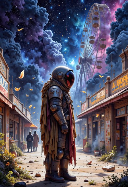 A lone astronaut in a tattered and worn-out spacesuit stands amidst a deserted carnival, surrounded by rickety booths and stalls that once showcased colorful treats and games now dulled by years of neglect. The astronaut's face is obscured by a reflective visor, their features hidden beneath the metallic mask. Feathers drift lazily through the wind-blown air, swirling around their feet as they gaze up at the faded Ferris wheel, its seats creaking ominously in the gentle breeze. The astronaut's hands are clasped behind their back, their gloved fingers clenched into a tight fist, as if holding onto something intangible. In one hand, a weathered carnival ticket dangles from their finger, the paper flapping limply in the current.
mythp0rt, Jedwtrexp, watercolor, Portrait with Galaxy Hair, vibrant starry galaxy with constellations and nebulae,