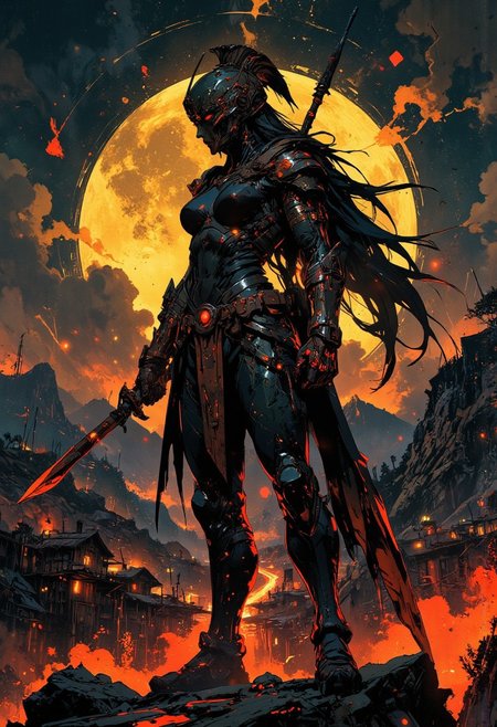 in the style of ck-mgs, nistyle, Inkplash art on rice paper, sepia, henna, Silhouette Art, magnificent, inksplash, closeup portrait, female spartan warrior, large breasts, toned arms, flowing black hair, reflective black and neon red armor, armor, valkyrie helmet, large breasts, holding a spear, abstract background suggesting a mountain top, overlooking a village in a valley, midnight atmosphere, moonlight, moon rays, night, Cowboy Shot, close up,