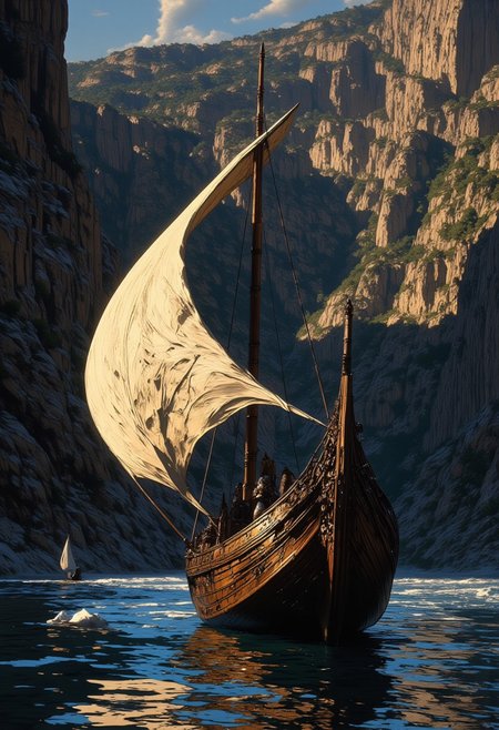 « The pilot pensively hoisted the sail; the wind carried him down the river and around a bend. »