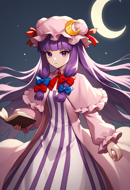 score_9,score_8_up,score_7_up,<lora:Touhou_pony:1>,1girl, patchouli_knowledge, touhou, mob_cap, crescent_hat_ornament, hair_bow, blue_bow, red_bow, long_sleeves, vertical-striped_clothes, vertical-striped_dress, holding_book, red_ribbon