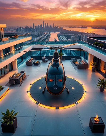 A high-resolution photo of a luxurious rooftop of a five-star hotel at sunset, featuring a sleek helipad with a high-end, matte-black private helicopter elegantly parked. The rooftop is designed with ultra-modern architecture, featuring a spacious terrace with infinity-edge glass railings, ambient lighting, and a panoramic city skyline in the background. The surface of the helipad is clean, polished concrete with clear illuminated markings. Surrounding the helipad, there are lounge areas with modern outdoor furniture, minimalist fire pits, and decorative planters with tropical greenery. The lighting is warm and golden, casting soft shadows and highlighting the contours of the helicopter and the textures of the rooftop. The sky is dramatic, painted with hues of orange, pink, and violet, creating a cinematic atmosphere of luxury and exclusivity. The overall mood is elite, calm, and aspirational, showcasing the ultimate in urban luxury lifestyle.
<lora:SDXLFaeTastic2400:0.4> <lora:extremely_detailed:0.4> extremely detailed, <lora:helipad_r00ft0p:1>,helipad r00ft0p, Masterpiece,best quality,hi res,8k,hi res,8k,award winning,(sharp focus, intricate, highly detailed),