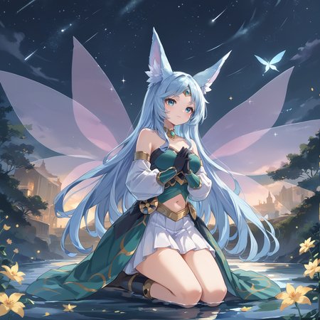 (score_9:0.9),score_8_up,score_7_up,rating_safe,anime style,(zPDXL),<lora:Apollousa, Bow of the Goddess ponyXL v1:0.7>,apollousa bow of the goddess,1girl,solo,fairy wings,kneeling,outdoors,star,(sky),black elbow gloves,forehead jewel circlet,green dress,own hands together,