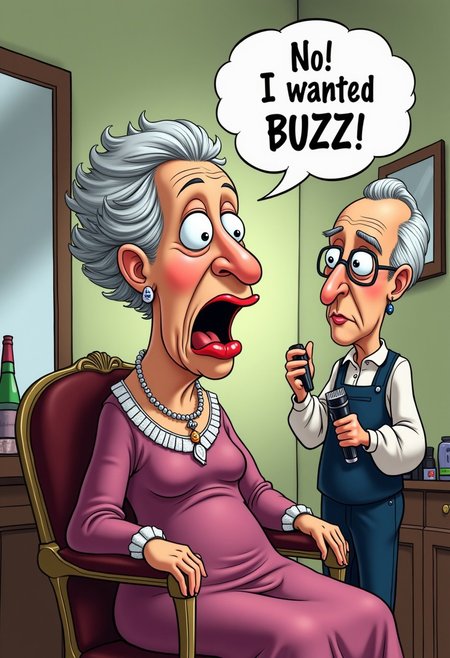 ((caricature of a regal looking old queen, with an elegant dress, and (the old queen's hair is cut very extremely short in a short brushcut/ buzz cut hairstyle) ,  with a (shocked expression on her face) is sitting in a (barber's chair) in a (barbershop)), ((the caricature of the embarrassed old barber with glasses is standing behind the (barber's chair) , holding (hair clippers))
((A speechbubble is seen above the old queens head, inside of the speech bubble the text "No! I wanted BUZZ!" is seen legibly printed in easily seen font))