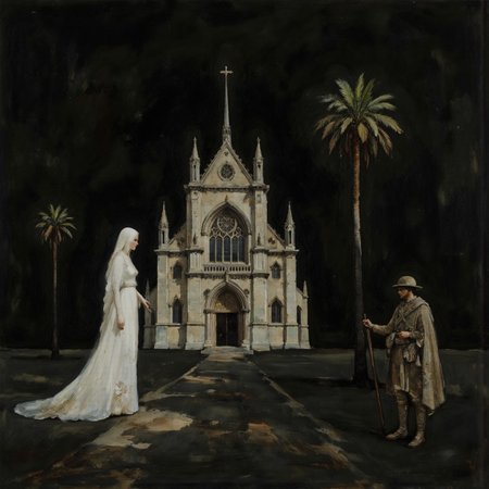 Social Realism realistic photo of intricate illuminated sorceress and soldier approaching a Gothic cathedral in a dark desert, (black-tinted:0.5), very detailed, ethereal white and verdigris and bronze palette. The scene is both serene and ominous. <lora:white1:0.4> <lora:AmeshinART_Dream:0.4> <lora:Midjourney_Whisper_AgateX_v1:0.5> <lora:Eldritch_Paint_Sketch_for_Flux_1.0.5:0.6>