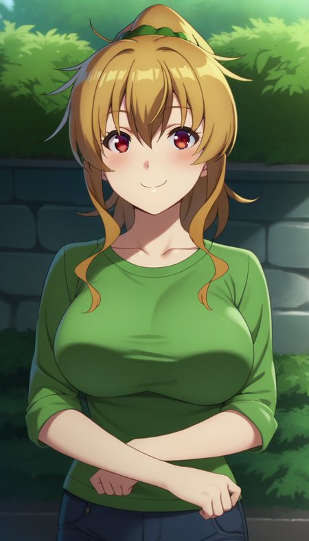score_9,score_8_up,masterpiece,best quality,correct anatomy,anime_source,1girl,solo,perfect eyes,perfect arms,perfect legs,perfect face,outdoors,upper body,(portrait:1.5),looking at viewer,facing viewer,smile,blush,Nanako Kogure,long hair,brown hair,high ponytail,shiny hair,hair intakes,hair ornament,hair scrunchie,green scrunchie,sidelocks,hair between eyes,bangs,red eyes,collarbone,green shirt,long sleeves,large breasts,jeans,pants rolled up,loafers,<lora:Nanako Kogure(bnr)-Pony:1.8>,