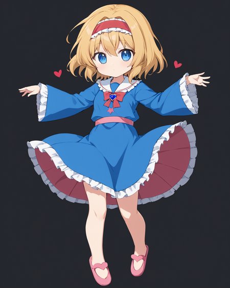 alice margatroid,1girl, blue_shirt, solo, red_hairband, heart, cosplay, third_eye, red_footwear, long_sleeves, blouse, pink_skirt, wide_sleeves, character_name, heart_button, collared_shirt, closed_mouth, frilled_shirt_collar, standing_on_one_leg, slippers, simple_background
<lora:alice_margatroid_image3379_2023-12-11-000006:1>,star-shaped_pupils,symbol-shaped_pupils,. gorgeous,key visual, vibrant, studio anime,award-winning, professional, highly detailed,high budget, cinemascope