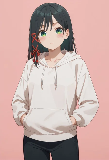score_9,score_8_up,score_7_up,  <lora:amagami_yae_pdxl_goofy:1> amagamiYae, black hair, green eyes, long hair, hair ribbon,red ribbon ,1girl, black hair, black pants, blush, casual, collarbone, cowboy shot, hand in pocket, hood, hood down, hoodie, long sleeves, looking at viewer, pants, pink background, simple background, solo, white hoodie