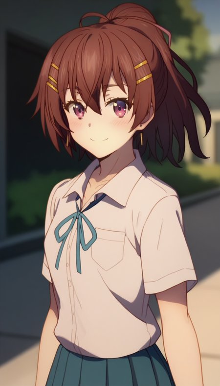 score_9,score_8_up,score_7_up,score_6_up BREAK official art,solo,outdoors,upper body,(portrait:1.5),looking at viewer,facing viewer,smile,blush,Momozono Momoka,long hair,brown hair,ponytail,hair ornament,hairclip,hair between eyes,bangs,purple eyes,school uniform,white shirt,collared shirt,blue ribbon,short sleeves,small breasts,skindentation,miniskirt,blue skirt,pleated skirt,bare legs,sneakers,blue footwear,<lora:Momozono Momoka(dhh)-Pony:1.8>,