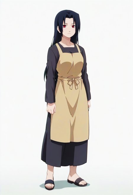 looking at viewer,white background, standing,full body, solo, 
, <lora:uchiha_mikoto_IL v1.11:0.9> umikoto, parted bangs, bangs, long hair, black hair, medium breasts,
shirt, skirt, black shirt, black skirt, long sleeves, long skirt, apron,sandals, 
sharingan,red eyes, 
anime screencap, masterpiece, best quality,
