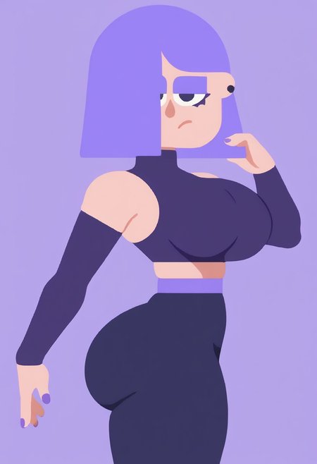 score_9,score_8_up,score_7_up,score_6_up,source anime BREAK, anime screencap, light purple hair, hair over one eye, purple eyelashes, purple nails, half closed eyes, goth makeup, black leather tube top, miniskirt, leggings, massive muscles, muscular, 
1girl,girl, slim body, (tiny waist:1.3), (big breasts:1.2), thin body, petite, (thick thighs:1.15), lily duolingo, side view, looking at viewer, simple background, dimly lit, standing, (booty, thick ass, bubble butt:1.3)