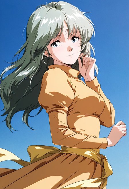 masterpiece, best quality, amazing quality, anime coloring, retro artstyle, 1girl, solo, tb_aiba_miyuki, long hair, grey hair, green hair, smile, yellow dress, long sleeves, juliet sleeves, puffy sleeves, yellow waist sash, from side, portrait, looking at viewer, blue sky, day,