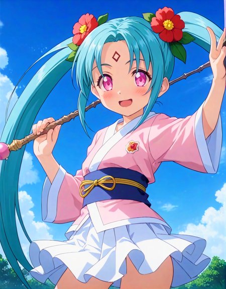 anime, best quality, (masterpiece:1.4), (high quality:1.4), sharp focus, 4k, absurd resolution, detailed hands, score_9, score_8_up, score_7_up, score_6_up, source_anime, anime, best quality, (masterpiece:1.4), (high quality:1.4), sharp focus, 4k, absurd resolution, highly detailed, highres, extremely detailed, short girl, <lora:sasami.pony:0.8> sasami, sasami magic, sasami true
source anime, smile, looking at viewer, wand, school uniform, weapon, twintails, aqua hair, facial mark, flower, forehead mark, freckle, hair flower, hair ornament, long hair, green long sleeves, miniskirt, pink eyes, white skirt, pink obi, zombie_pose,
