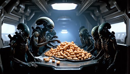 nostromo style,
multiple Xenomorphs some standing and some crawling on all fours, exited for movie night,
spaceship interior, sitting around tables, a large platter with a huge stack of hotdogs on the table, cafeteria, wall panels, science fiction, horror, ceiling decoration,

extremely detailed:1.2, sharp:1.2, bold outlines,

sharp focus, detailed face, clear eyes, Detailed perfect hand