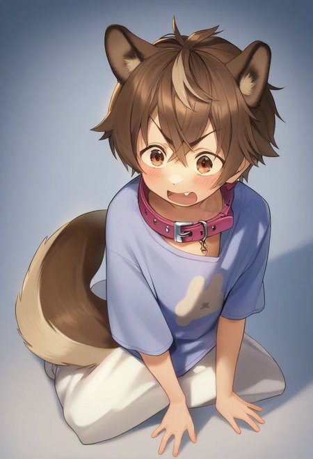 Cute short boy with messy brown hair, he has dog ears and a dog tail, wearing a oversized t-shirt, dog collar around neck, bare legs, cclclclose up, young boy, embarrassed surprised face and pose, kiddo