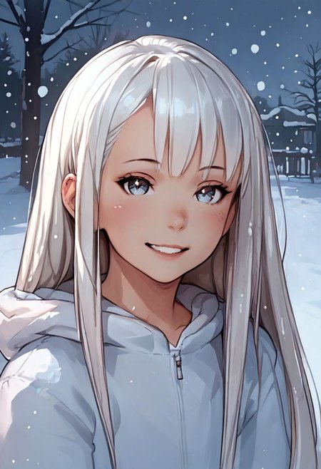 score_9, score_8_up, score_7_up, zPDXL, jeffmacanolistyle, 1girl, long hair, white hair, bangs, rede eyes, smiling, snowing, looking at viewer, colored sketch
 <lora:JeffMacanoli_Style_PDXL:0.90>