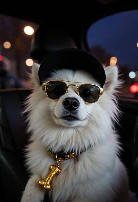 acrticadog dog wearing a black baseball cap, sunglasses and gold chain with a golden bone, driving a car in a dark city.