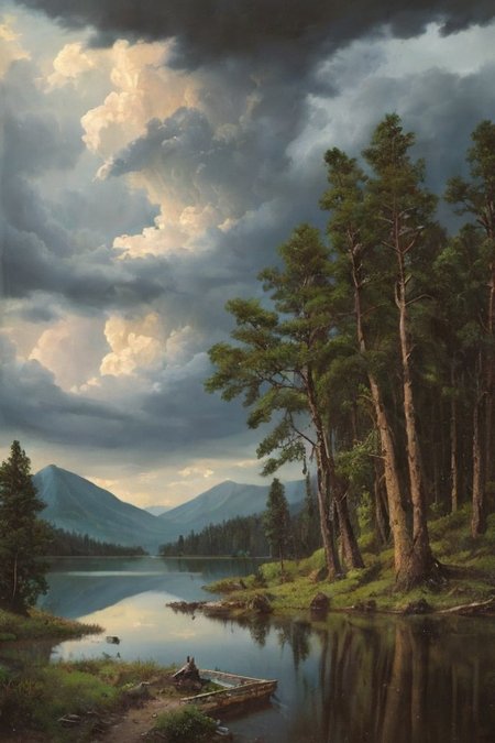 Masterpiece, high-resolution, oil painting, tall mountains, pine forest, log cabin, lake, large thunderstorm clouds in the distance