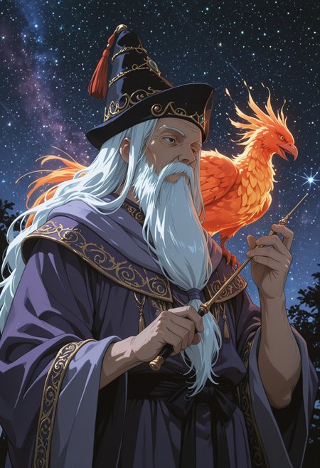 masterpiece, best quality, amazing quality, very aesthetic, absurdres, newest, (anime coloring), (studio ghibli \(style\))
solo, 1boy, albus dumbledore, long hair, white hair, very long beard, white beard, (tied beard:1.5), tassel hat, purple robe, gold embroidery, phoenix on shoulder, starry sky, magic wand, holding wand