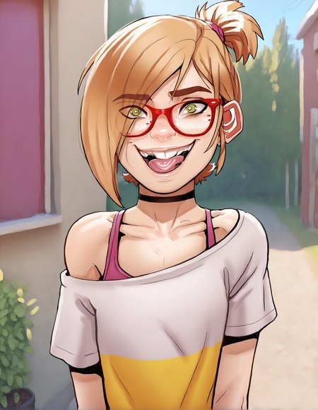 Darcy, 1girl, solo, tongue, red-framed eyewear, glasses, choker, tongue out, hair over one eye, blonde hair, looking at viewer, teeth, black choker, smile, short hair, bra strap, open mouth, green eyes, collarbone, off-shoulder shirt, shirt, scrunchie, , outdoors, looking at viewer, cowboy shot, score_9, score_8_up, score_7_up, score_6_up, score_5_up, score_4_up,<lora:Darcy2.0Pony (1):1>