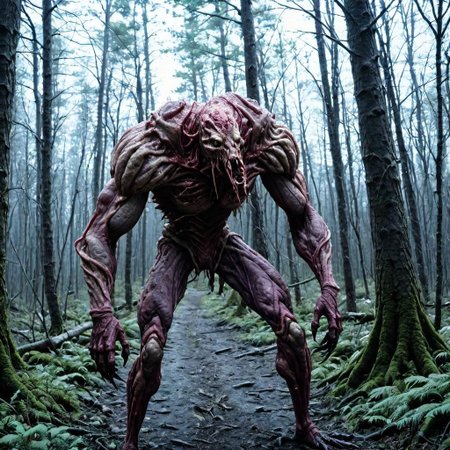 a fleshmutant creature in the woods,raw photo,cinematic shot,trail cam footage,horror