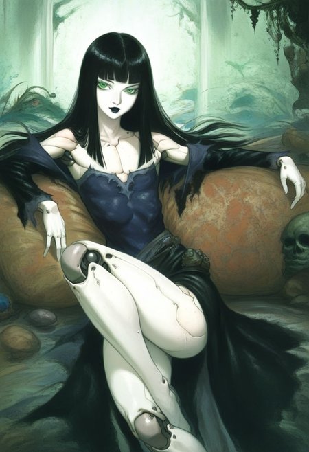 fantasy illustration, solo, ((androgynous male)) ((doll joints)) ((freckles))  green eyes, (((flat bangs, hime cut black hair))), thick lips, thick hips, thighs, in a ((dark dirty deteriorated living room, haunted gothic house)) blank stare, gothic dress, 8k, (((semi realistic))), uhd, high quality, film grain best quality, score_9, score_8_up, (masterpiece, best quality:1.2), (((sfw)))
