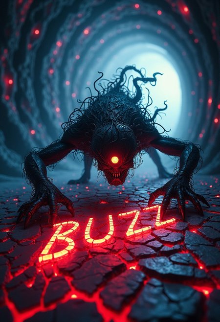 the creature is ripping apart the word "BUZZ", the word "BUZZ" is clearly seen by the viewer, twisted, elongated creature with sharp, sinewy limbs and clawed hands crawling across a glowing, fractured red and black ground, its body made of intricate, web-like tendrils resembling tangled roots; the creature's shadowy face features a glowing, singular circular eye that pulses faintly with light, surrounded by flowing dark masses resembling smoke or hair. The background swirls with chaotic fractal patterns in deep blues, purples, and fiery reds, resembling a warped, nightmarish tunnel. The scene is lit with harsh, neon-like lighting, casting sharp contrasts and reflections on the creature’s body and the jagged surface beneath, with an otherworldly glow emanating from the tunnel's fiery center. High contrast, sharp details, and eerie, swirling textures dominate the surreal composition.