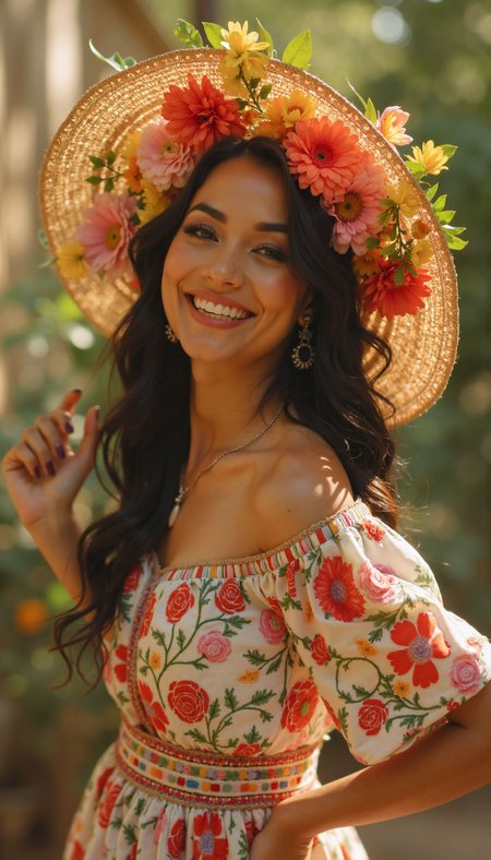 beautiful Latina woman, colorful floral dress, large sun hat with flowers, joyful expression, vibrant colors, detailed embroidery, lush background, warm sunlight, vintage style, sepia tones, film grain, soft focus, retro fashion, nostalgic, elegant, charming, playful, intricate details, classic photography, warm hues, timeless, aged look, soft lighting
 <lora:realism_lora:1> <lora:paradiffflux:1>