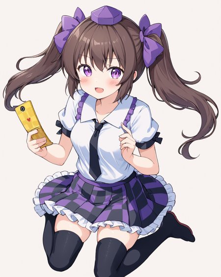 himekaidou hatate,1girl, solo, checkered_skirt, tengu-geta, white_shirt, cellphone, purple_skirt, tokin_hat, puffy_short_sleeves, open_mouth, holding_phone, twintails, black_thighhighs, cleavage, traditional_media, fang, purple_headwear, looking_at_viewer, black_necktie, collared_shirt, frilled_skirt, blush, medium_breasts, hair_bow
<lora:himekaidou_hatate_image2639_2023-12-20-000010:1>,star-shaped_pupils,symbol-shaped_pupils,. gorgeous,key visual, vibrant, studio anime,award-winning, professional, highly detailed,high budget, cinemascope