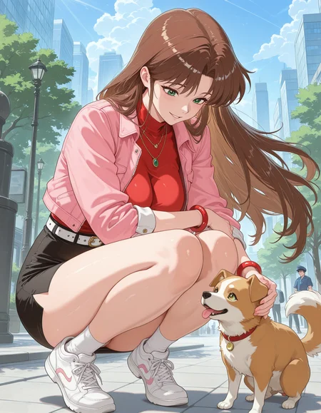 masterpiece,best quality,amazing quality,very aesthetic,high resolution,ultra detailed,perfect details,<lora:mai_da_style:2>,mai_da_style,
masterpiece,best quality,amazing quality,very aesthetic,high resolution,ultra detailed,perfect details,
1girl,<lora:azumi_hazuki:1>,azumi_hazuki,brown hair,mature female,(aged up:2),1980s (style),retro artstyle,(pink_jacket, red_shirt, black_skirt, brown_hair, long hair, white belt, white_footwear,white sneaker,necklace,red_bracelet,green eyes),
1girl,hat,squatting,hugging a dog,happy,playing,on the hill,city in the background,dappled sunlight,wind,dense leave pattern,
traditional illustration,watercolor,arcylic,