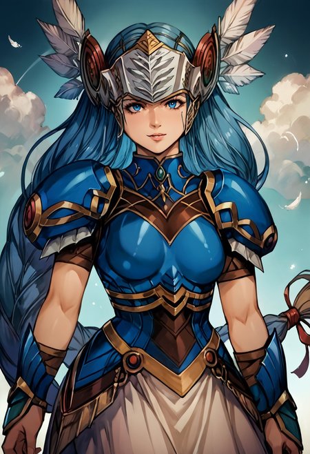 score_9, score_8_up, score_7_up, score_6_up, score_5_up, score_4_up, detailed, intricate details, source_anime,score_9, score_8_up, score_7_up, VPLenneth, 1girl, very long hair,, Long Braided Ponytail, braided ponytail, blue hair, blue eyes, Bangs,  Blunt Bangs, armor, helmet, feathers, vambraces,  pelvic curtain, armored dress, winged helmet, short sleeves, skirt, white skirt, shoulder armor, arm guards, blue armor breast plate, looking at viewer, portrait
<lora:add-detail-xl:1.0> ,(((feminine bodies))),(((perfect anatomy))), (((correct arms))), (((correct hands))), detailed eyes、detailed face and detailed skin <lora:add-detail-xl:1.0>