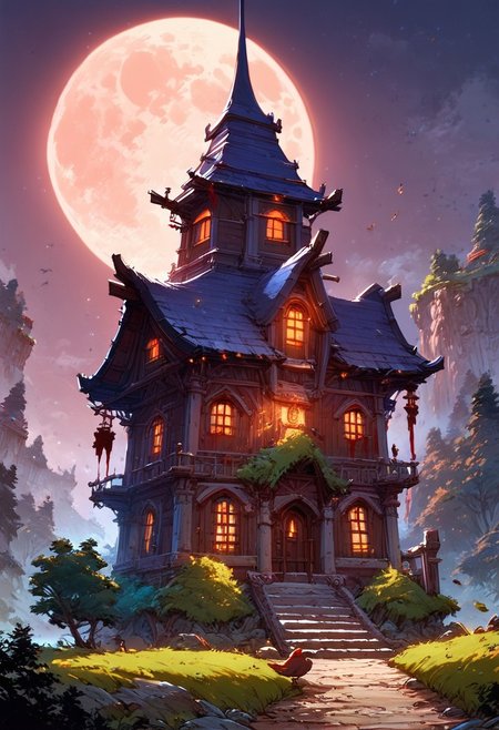 score_9, score_8_up, score_7_up, masterpiece, landscape, old forest, gnarled trees, grass, ancient houses, dilapidated buildings, shacks, witch houses, buildings, sun, epiCPhoto, long shadows, eerie, moon, bleeding moon,dancing house, house on chicken legs
