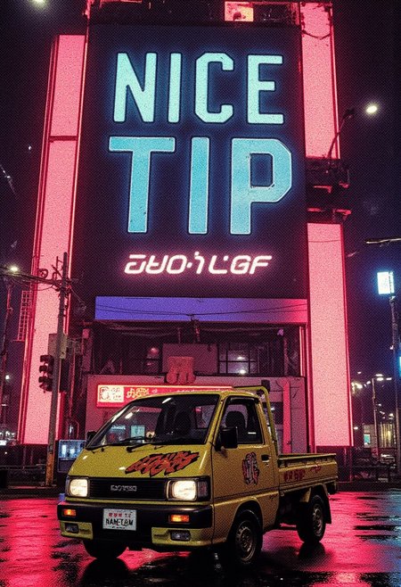 retro anime style,dancing robot arms,
A cyberpunk KeiTora car with the neon, 
the huge digital characters saying "NICE TIP".
