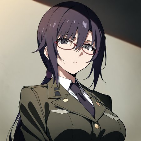 masterpiece,high score,great score,absurdres,looking at viewer,upper_body,<lora:Sayoko AnimagineXL v1:1> sayoko, glasses, blue hair, ponytail, black eyes,military_uniform,necktie,