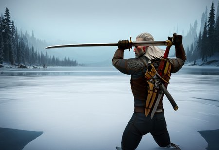 (geralt) sword fighting against the (nutcracker); 
high guard sword parry stance,
at a frozen lake,
realistic photo,
sfw