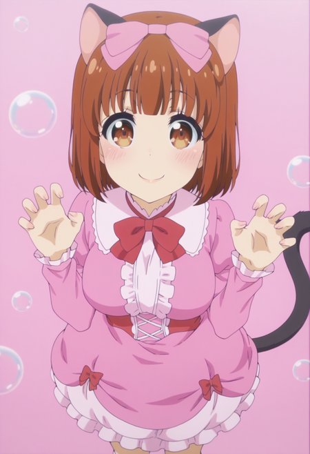 anime screencap, anime coloring,  <lora:DX888Yui:1> nekohime, brown eyes, brown hair, bob cut, blunt bangs, cat ears, cat tail BREAK hair bow, bowtie, pink dress, juliet sleeves, socks, bubble skirt,  BREAK simple background, pink background,  dithered background, BREAK     1girl, blush, claw pose, cowboy shot, from above, hands up,  looking at viewer,  smile, solo, standing,