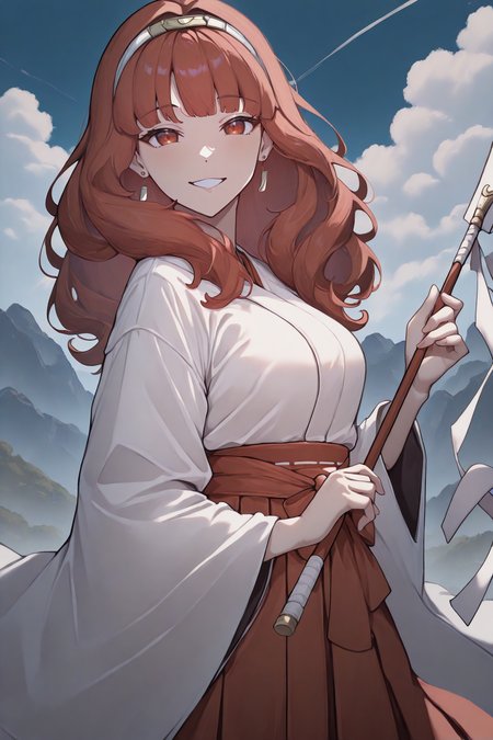 masterpiece, best quality, 1girl, solo, <lora:fecelica-illu-nvwls-v1:1> feCeli, red hair, hairband, earrings, red eyes, newest, absurdres, highres, white kimono, red hakama skirt, looking at viewer, anime, smile, blue sky, clouds, mountains, holding gohei, from side