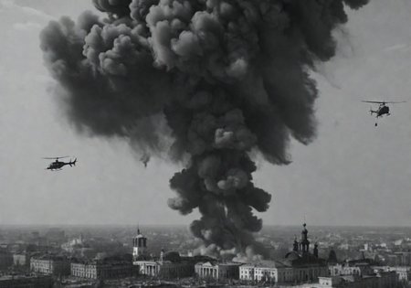 <lora:Smoke_XL:1>, middle shot, modern Ukrainian bombed out city with churches, helicopters overhead,  in the form of smoke_xl