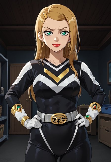 score_9, score_8_up, score_7_up, BREAK,
1girl, solo,  Sarah, green eyes, blonde hair, long hair, hairclip, earrings, lipstick, muscular, medium breasts, narrow waist, wide hips, sentaisaintforce, black bodysuit, silver belt, white gloves, spandex,  m-shaped chest symbol, helmet removed, no headwear,BREAK,
cowboy shot, smug, half-closed eyes, standing, hand on hip, indoors, garage, night,
