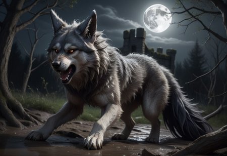 Curvy aggressive wolf very young girl, werewolf, dark (shiny:1.2) very long voluminous hair, very pale candid smooth muscular skin, grey vertical pupil eyes, dressed of ripped rough tube top
Big long fluffy (wolf ears:2), Hair grow out of back spine down into long fluffy large (wolf tail:2), tail starting from above buttocks, tail starting from spine, hair on her spine, hair on her chest, big curly hair, messy hair, dark gray hair and fur.
Girl on hands and feet, from above, hips up, arched back, menacing pose, attacking, tail up, girl laying on stomach, running, jumping, fast, movement, turning back, looking behind, hunted, persecuted.
Girl expression is menacing, growling aggressively, showing pointy canine teeth, expression wrinkles, shouting, yelling.
Outside, forset, medieval, fantasy, dark sky, night, full moon, harsh light, specular, dirt, grass, fallen trees, puddle, mud, rocks, obstacles, rich vegetation, bushes, plants, (uneven terrain:1.4), debris and dirt and grass kicked up by the girl.
Night time, Scarse light, rim light, tree shadows, hiding in the shadow, cold colors, eerie.
HDR, OLED, High contrast, deep blacks, 8k, hyper realistic, reflection, caustics, intense bounce light