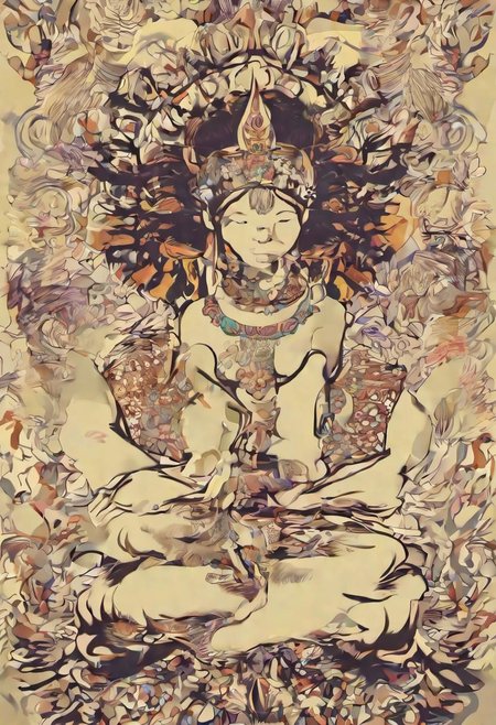 v0ng44g sk3tch, drawing, prehistorical indonesia, a young woman sitting in a meditating pose, crowned with fern leaf, organic headdress composition, in a tropical jungle, intricate hyperdetailed symmetry, dramatic top lighting, glitch effect, mandala