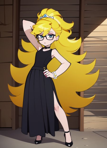 ((best quality)), ((highly detailed)), absurdres, extremely detailed face, beautiful face, (detailed eyes, deep eyes), (1girl), (glasses), dynamic pose, full body, very wide shot, princess, ((very long hair)), <lora:big_hair-1.0:1>, big hair, curly hair, blonde hair, large dress, (maxi skirt), tiara, (indoors, in a garage, car), <lora:PSG06:.65>