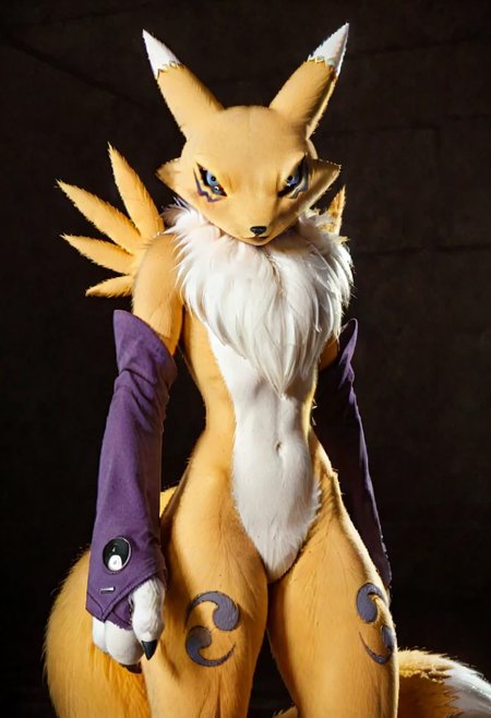 score_9, score_8_up, score_7_up, score_6_up, score_5_up, score_4_up, BREAK, solo, 1girl, renamon, anthro, furry, furry female, furry body, detailed fur, realistic fur, yellow fur, blue eyes, black sclera, flat chest, thin waist, slender waist, thick thighs, huge thighs, (tail:1.5), dipstick tail, mostly nude, purple bridal gauntlets, no nipples, featureless crotch, action pose, dynamic pose, photorealistic, hyperrealism, photography, real life