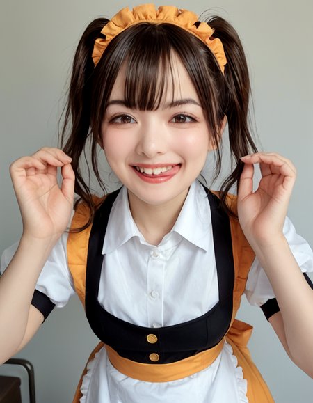 score_9, score_8_up, score_7_up, high quality, masterpiece,
Hight detail RAW color photo, professional photograph,
Cinematic Light, (Composition from the chest up),
japanese girl with Pigtails hair, cute idol, Brown eyes, evil grin,
Orange Maid Waitress uniform, White brim, open-chested white blouse, 
sticking out side tongue, peromilk <lora:peromilk:0.8>