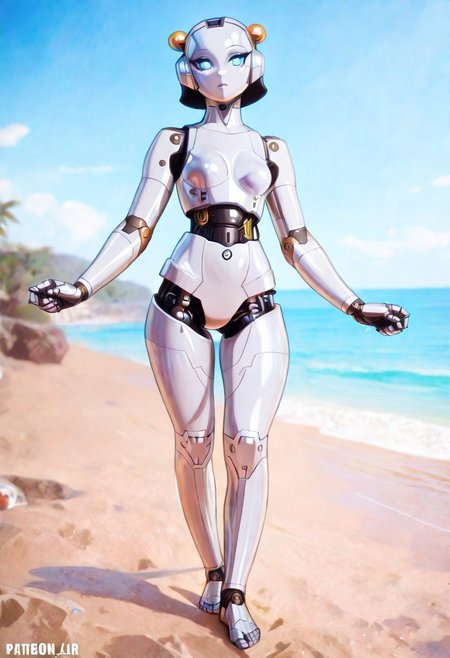 masterpiece,best quality,amazing quality ,1girl,18yo,solo,breasts,blue eyes,outdoors,sky,day,cloud,ocean,beach,robot,science fiction,android,cable,joints,robot joints,mechanical parts,humanoid robot,woman robot,A photo-realistic shoot from the front about a humanoid robot standing on a beach with a clear blue sky and ocean in the background.the image also shows a solo female robot,standing in the middle of the image,facing the viewer with her blue eyes looking directly at the viewer.the robot has a sleek,metallic white body with black wires attached to it,giving it a futuristic appearance.it has a smooth,polished appearance and is wearing no clothing,no pants,no shoes,and no accessory.the woman has a slender build and is barefoot,with her arms at her sides.the background features a clear sky with fluffy white clouds and the ocean,with a small island in the distance.