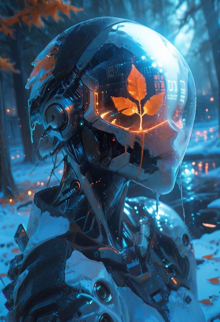 masterpiece, best quality, amazing quality, very aesthetic, absurdres, newest, volumetric lighting, holographic colors, cute, gradient colors, dark background, BREAK  ambient occlusion, raytracing, soft lighting, blum effect, masterpiece, absolutely eye-catching, particles, glow, shining, intricate cinematic background, 
BREAK
explicit, Cyborg killer.1girl, solo, cyborg,,reflection, visor, abstract, jacquard fabric, techwear, detailed helmet,mcnm, visor,closeup, intricate detail, melting, BREAK outdoors, trees, ferns, binary, snow, orange leaves, dutch angle,  pose, soft shadows, dramatic lighting, detailed textures, intimate atmosphere, intricate details, (blurry background, depth of field:1.1) close up,,usnr, 748cmstyle, gbf_style.cybervision.