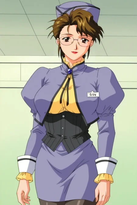 score_9, best, masterpiece, uncensored, 
1girl, solo, retro artstyle, 1990s (style),  slight smile, 
KuroNoDanshouCindyDeLaPao, mature female, black thighhighs, uniform, purple headwear, rimless eyewear, high collared purple cropped jacket with long puffy sleeves and white cuffs with black trim and yellow frills over black undershirt with frilly yellow collar, bolo tie, single name tag over left breast, high-waist purple skirt, black pantyhose,
<lora:KuroNoDanshouCindyDeLaPao_V2:0.8>